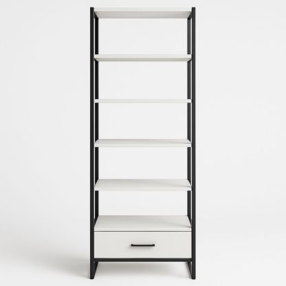 Libreria metallo e legno bianco e nero con 5 ripiani e cassetto-Dwellanora