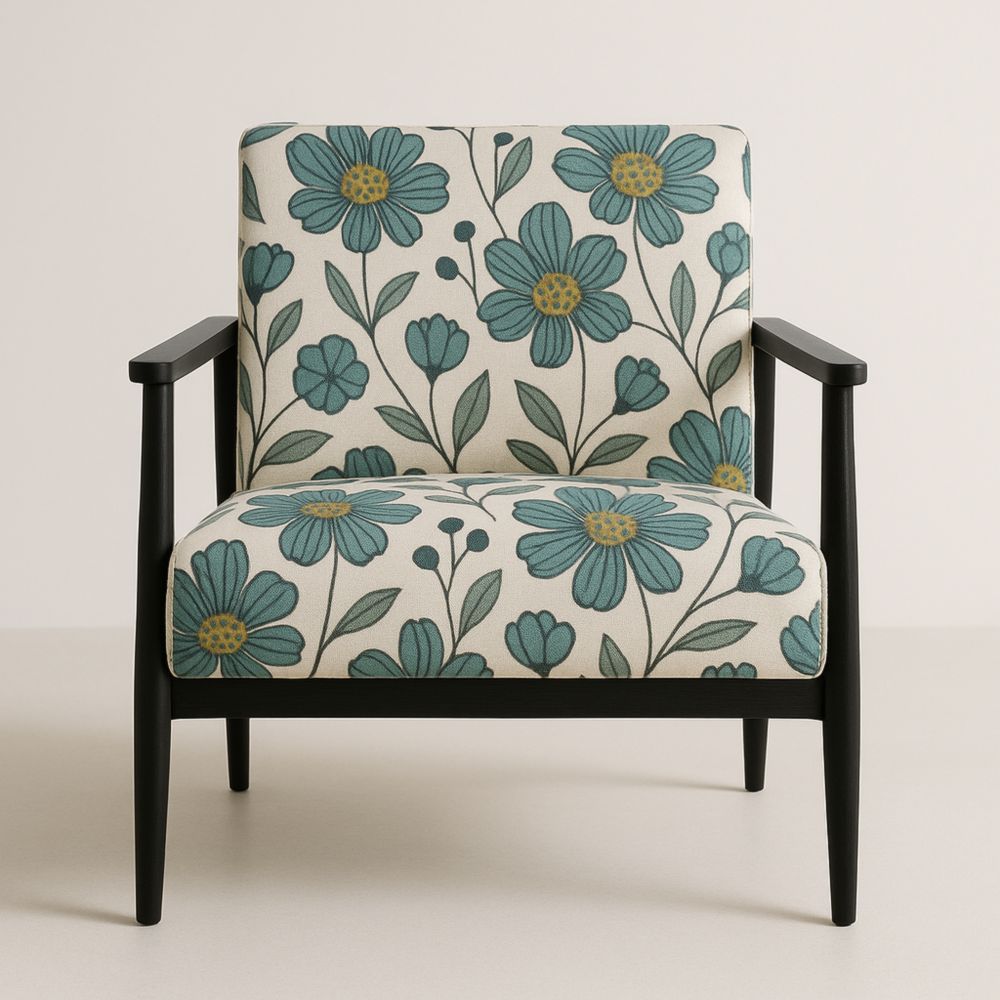 Poltrona in legno massello con tessuto floreale, larghezza 70 cm-Dwellanora