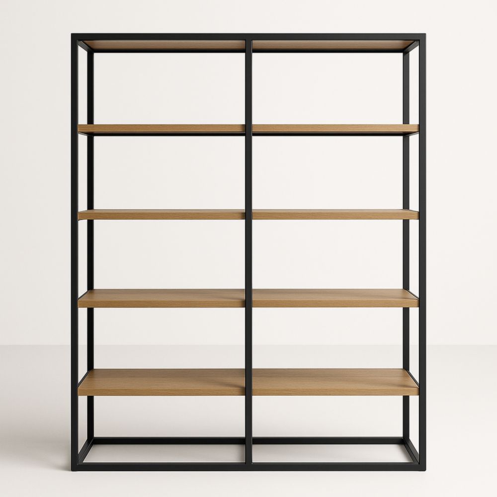 Libreria in metallo e legno di colore nero e naturale-Dwellanora