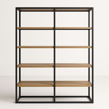 Libreria in metallo e legno di colore nero e naturale-Dwellanora