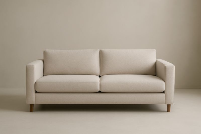 Canapé 2 places tissu polyester beige pieds bois