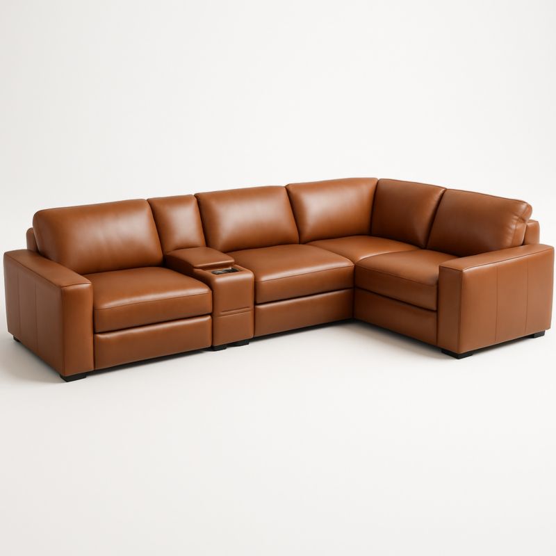 Canapé d'angle en cuir synthétique marron avec accoudoir et porte-gobelet