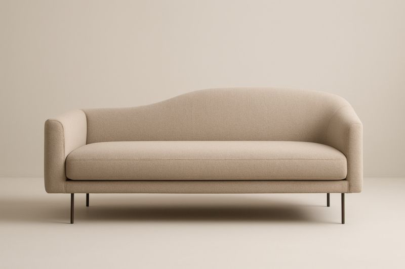 Canapé deux places en tissu beige, pieds en métal.