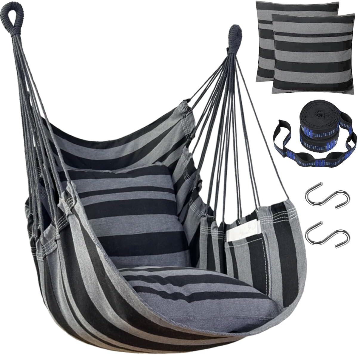 Handwoven Cotton Hammock Chair with 2 Cushions | Indoor/Outdoor Hanging Swing for Porch & Patio