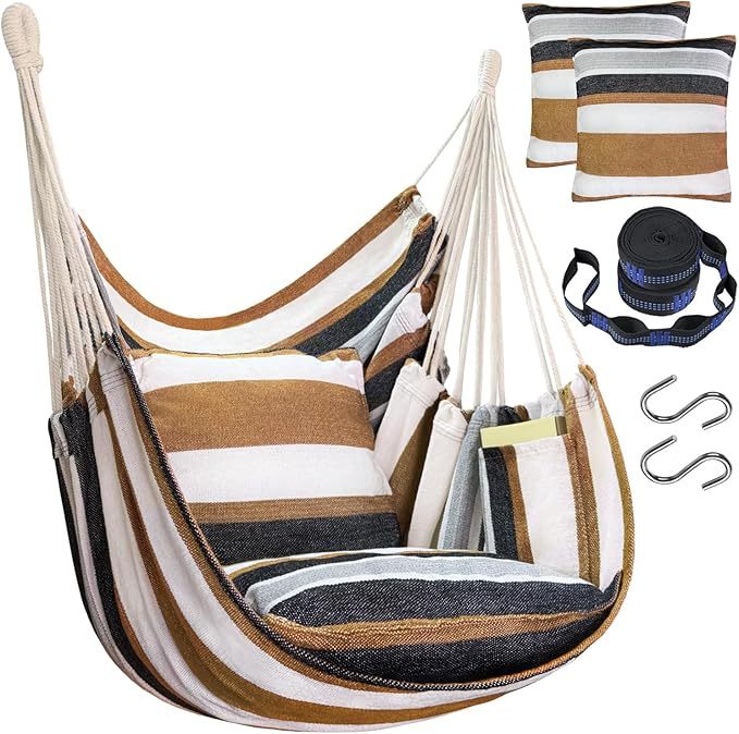 Handwoven Cotton Hammock Chair with 2 Cushions | Indoor/Outdoor Hanging Swing for Porch & Patio