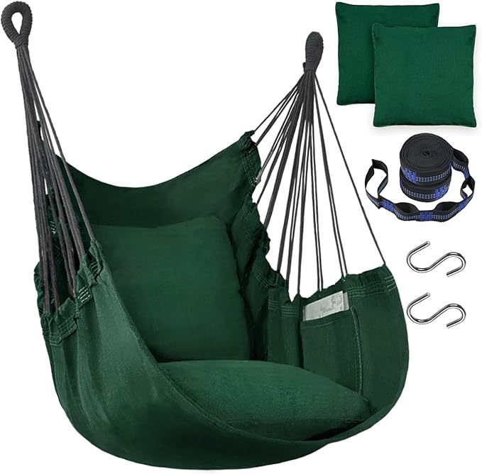 Handwoven Cotton Hammock Chair with 2 Cushions | Indoor/Outdoor Hanging Swing for Porch & Patio