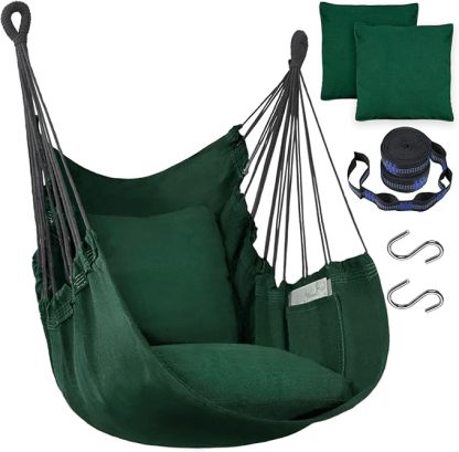 Handwoven Cotton Hammock Chair with 2 Cushions | Indoor/Outdoor Hanging Swing for Porch & Patio