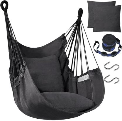 Handwoven Cotton Hammock Chair with 2 Cushions | Indoor/Outdoor Hanging Swing for Porch & Patio