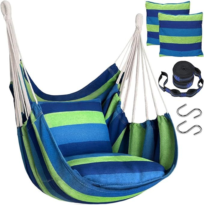 Handwoven Cotton Hammock Chair with 2 Cushions | Indoor/Outdoor Hanging Swing for Porch & Patio