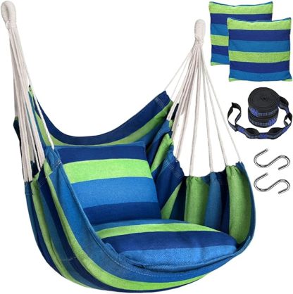 Handwoven Cotton Hammock Chair with 2 Cushions | Indoor/Outdoor Hanging Swing for Porch & Patio