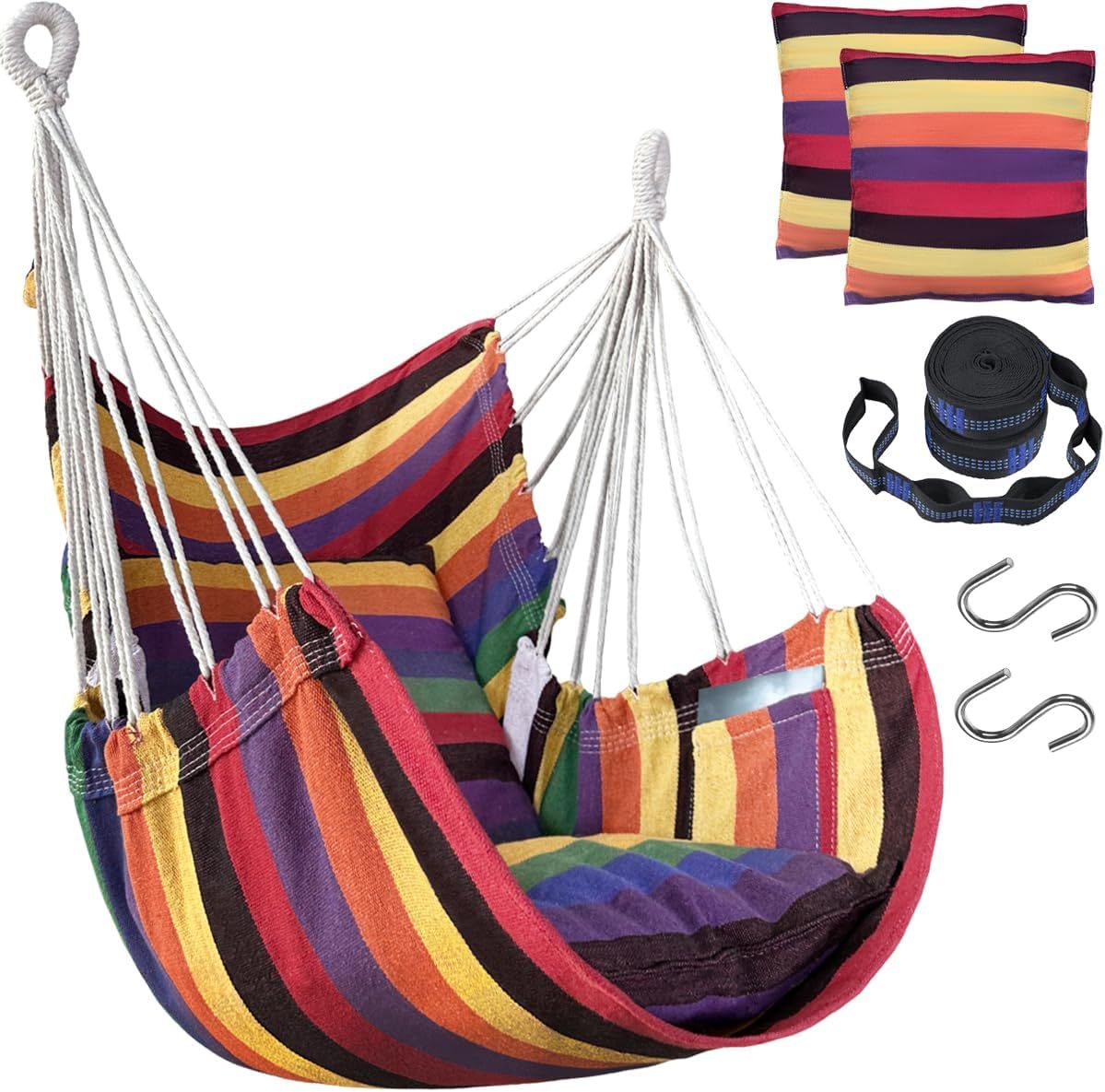 Handwoven Cotton Hammock Chair with 2 Cushions | Indoor/Outdoor Hanging Swing for Porch & Patio