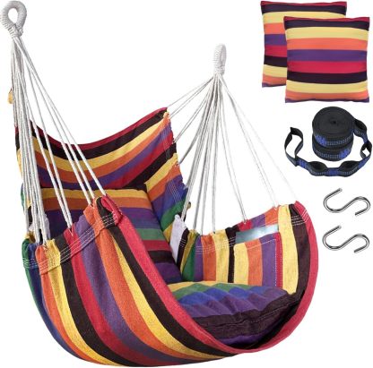 Handwoven Cotton Hammock Chair with 2 Cushions | Indoor/Outdoor Hanging Swing for Porch & Patio