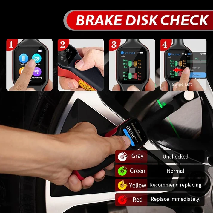 Laser tire tread depth and brake disc measuring instrument