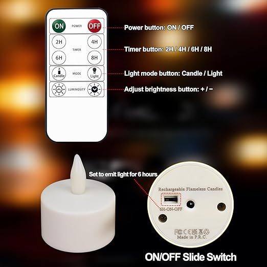 Rechargeable Flickering LED Tea Lights (12-Pack) | Remote Control & Timer with Charging Base