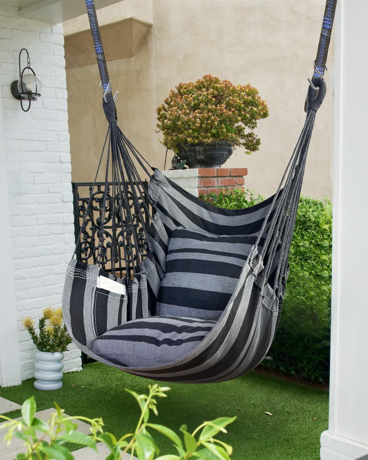 Handwoven Cotton Hammock Chair with 2 Cushions | Indoor/Outdoor Hanging Swing for Porch & Patio