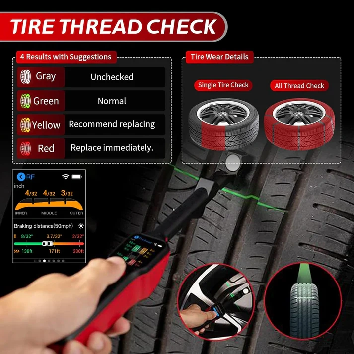 Laser tire tread depth and brake disc measuring instrument