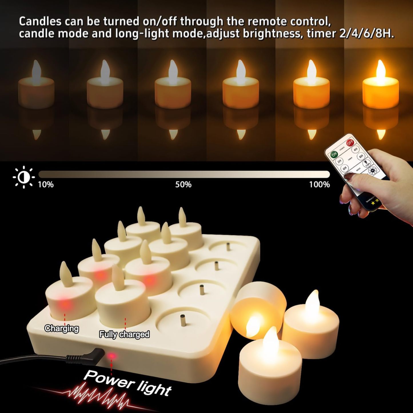 Rechargeable Flickering LED Tea Lights (12-Pack) | Remote Control & Timer with Charging Base