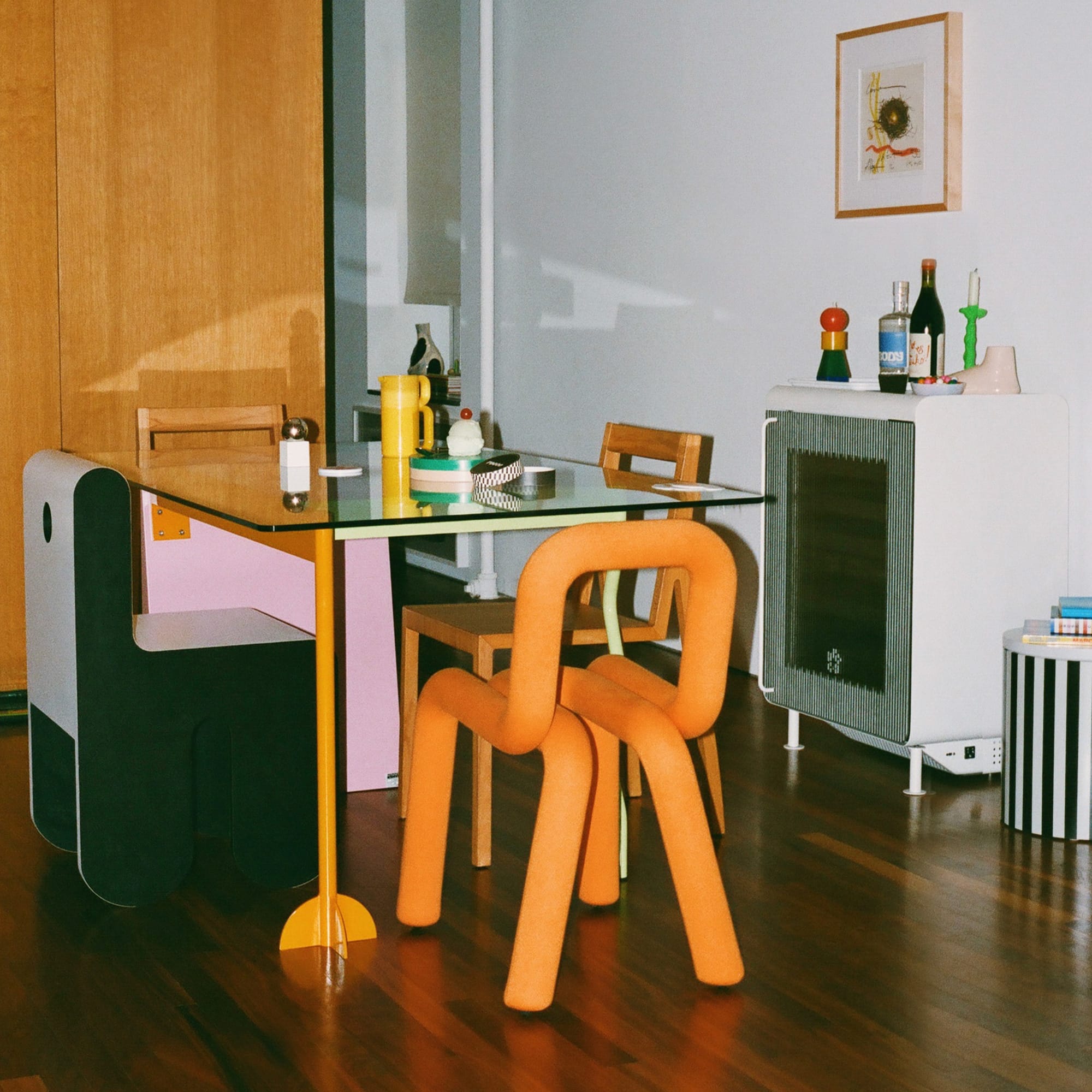 Slim beverage fridge in a modern living space