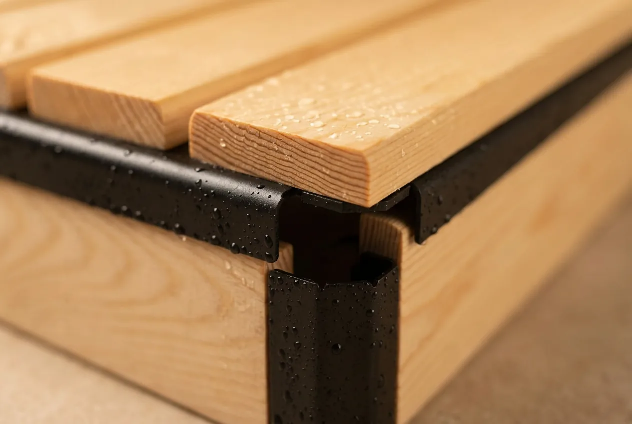 Close-up of the light wood Rainstep outdoor shower platform