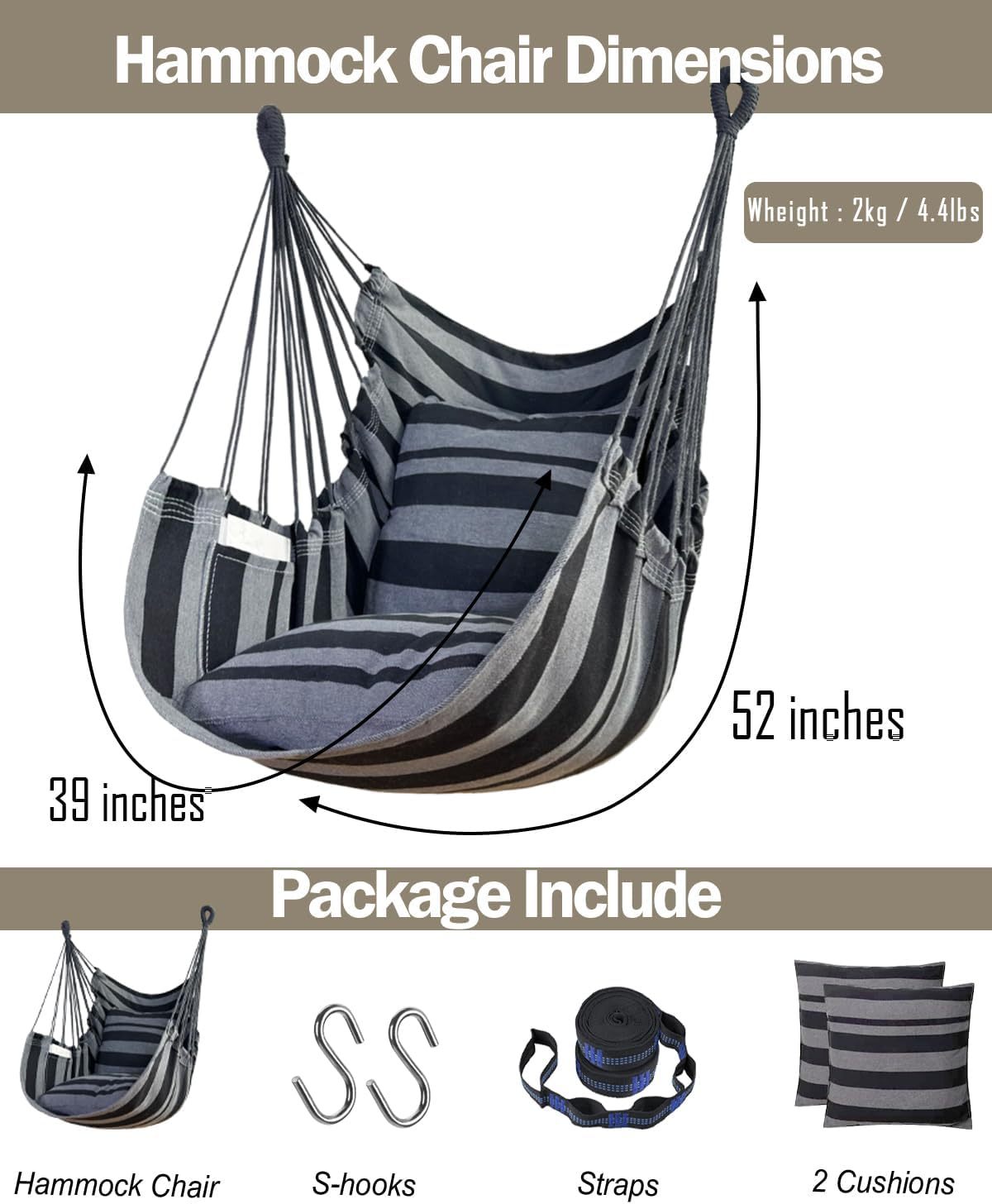 Handwoven Cotton Hammock Chair with 2 Cushions | Indoor/Outdoor Hanging Swing for Porch & Patio