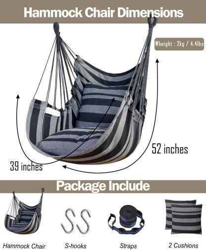 Handwoven Cotton Hammock Chair with 2 Cushions | Indoor/Outdoor Hanging Swing for Porch & Patio