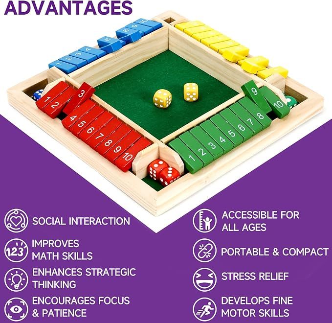 Classic Shut The Box Dice Game | Solid Wood Family & Pub Game for 1-4 Players