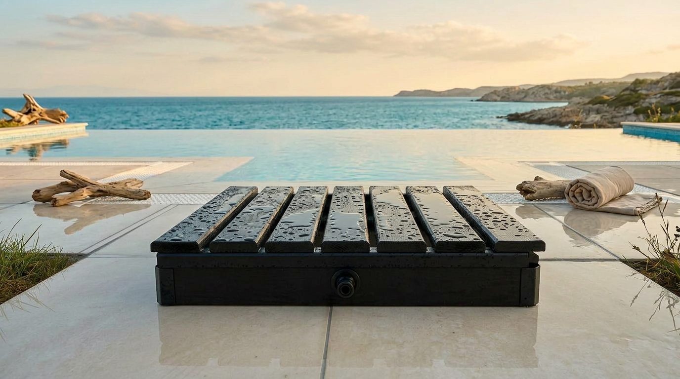Rainstep outdoor shower platform beside an infinity pool
