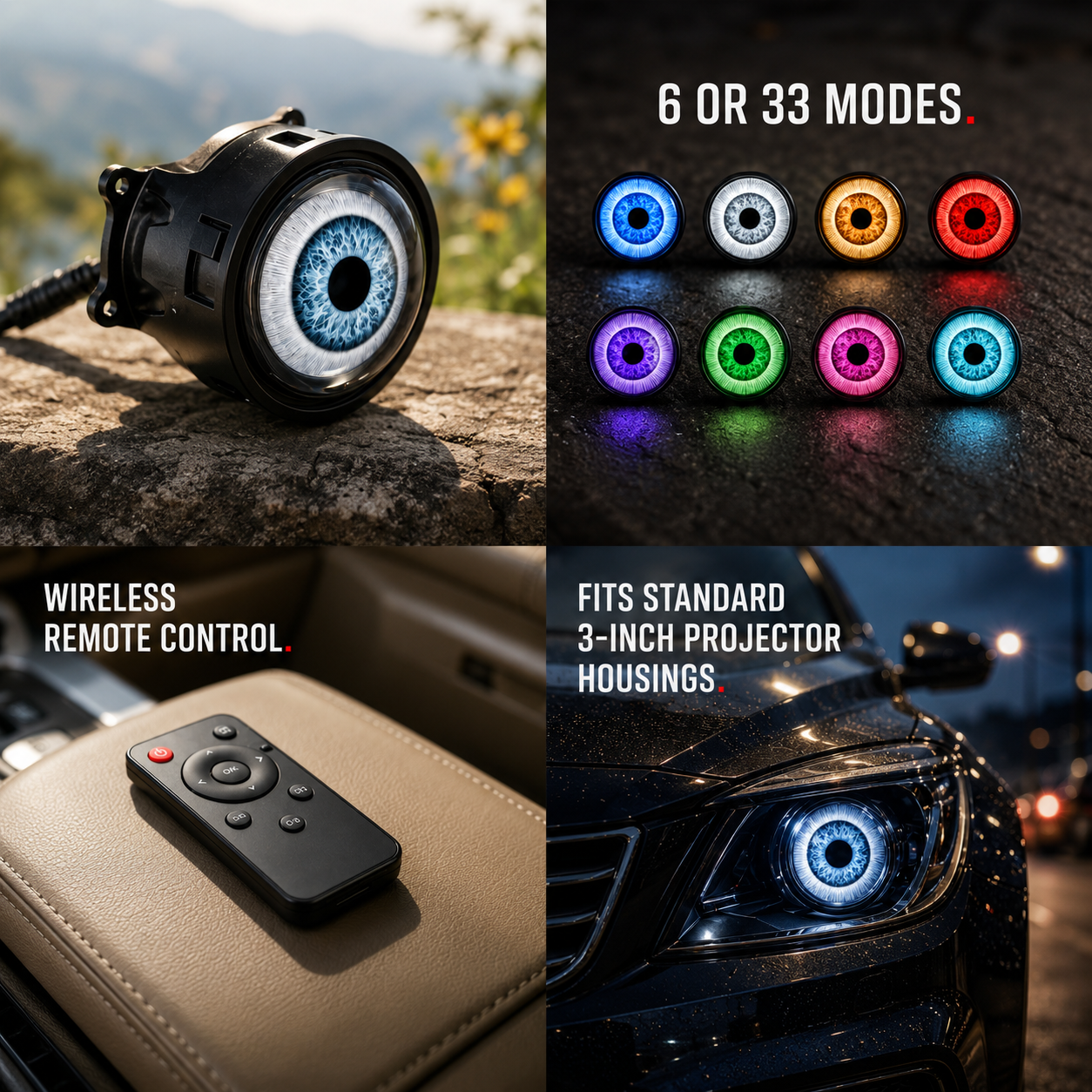 Dynamic LED Eye Light Decoration Kit-Use the remote control to change the colors and shapes.