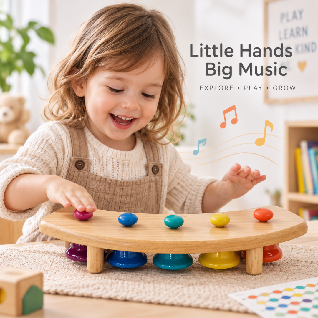 Child tapping the five colorful bells on the wooden pentatonic music station