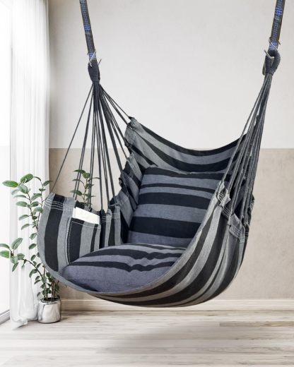 Handwoven Cotton Hammock Chair with 2 Cushions | Indoor/Outdoor Hanging Swing for Porch & Patio