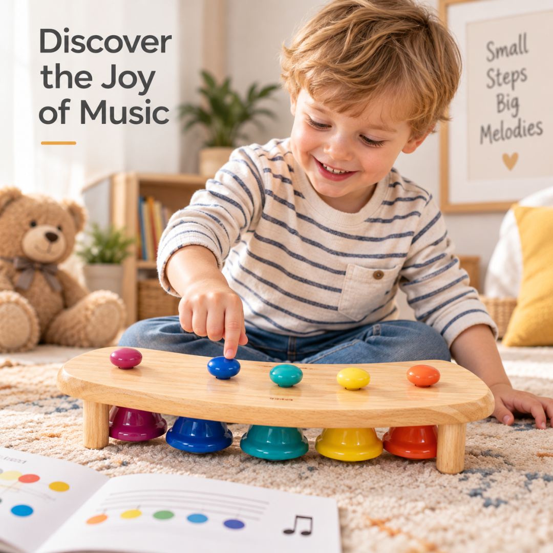 Child pressing a colorful wooden knob to play the bell station