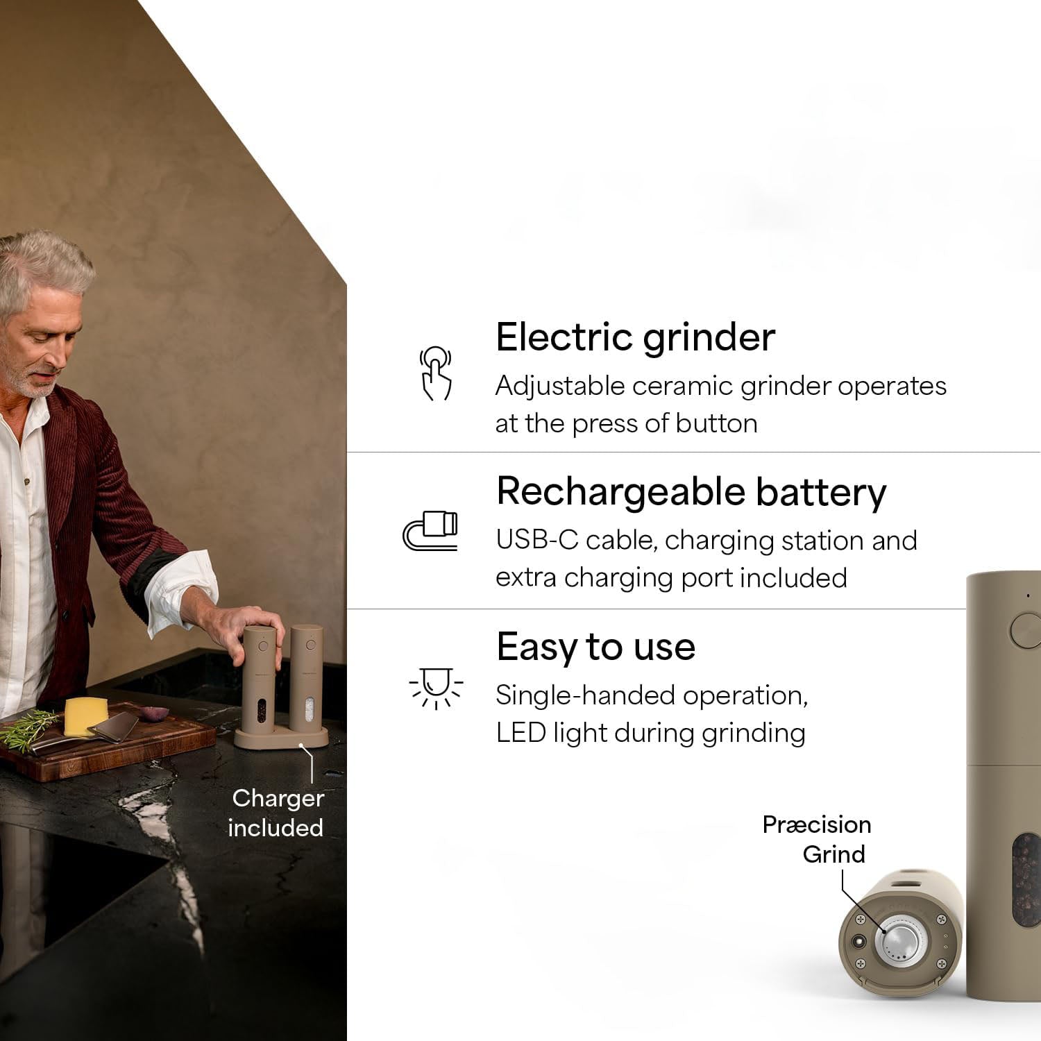 Electric Salt and Pepper Grinder Set – USB Rechargeable Automatic Spice Mills with LED Light & Adjustable Coarseness