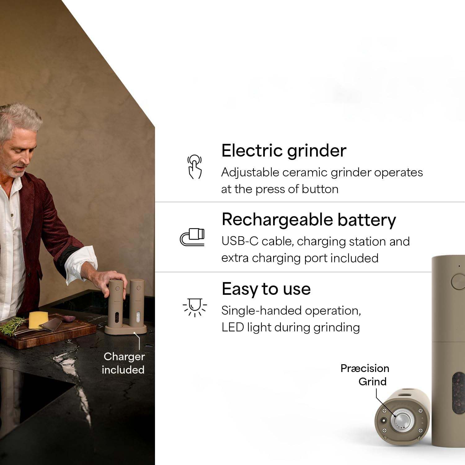 Electric Salt and Pepper Grinder Set – USB Rechargeable Automatic Spice Mills with LED Light & Adjustable Coarseness