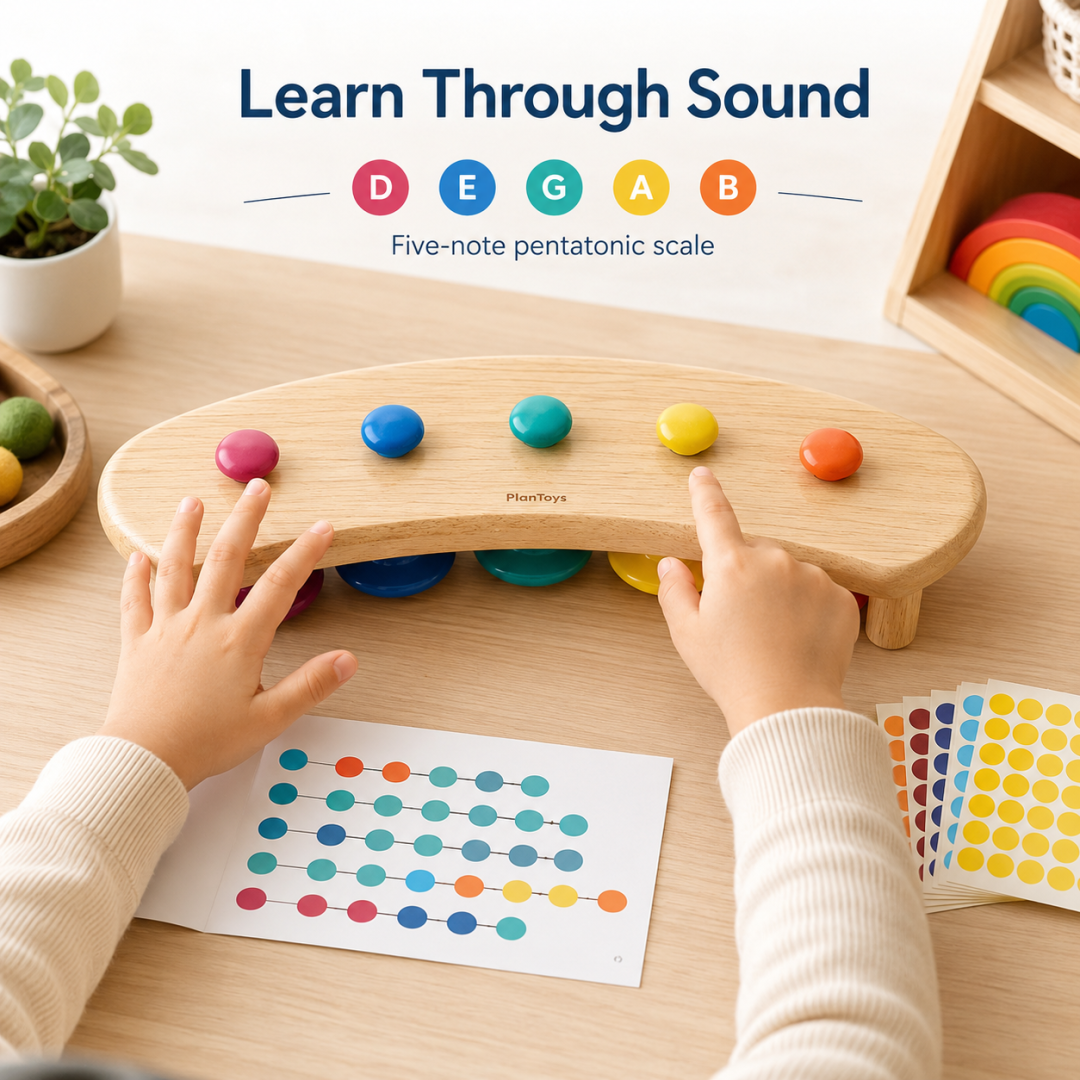 Hands following a color-coded melody with the five tuned bells D E G A and B