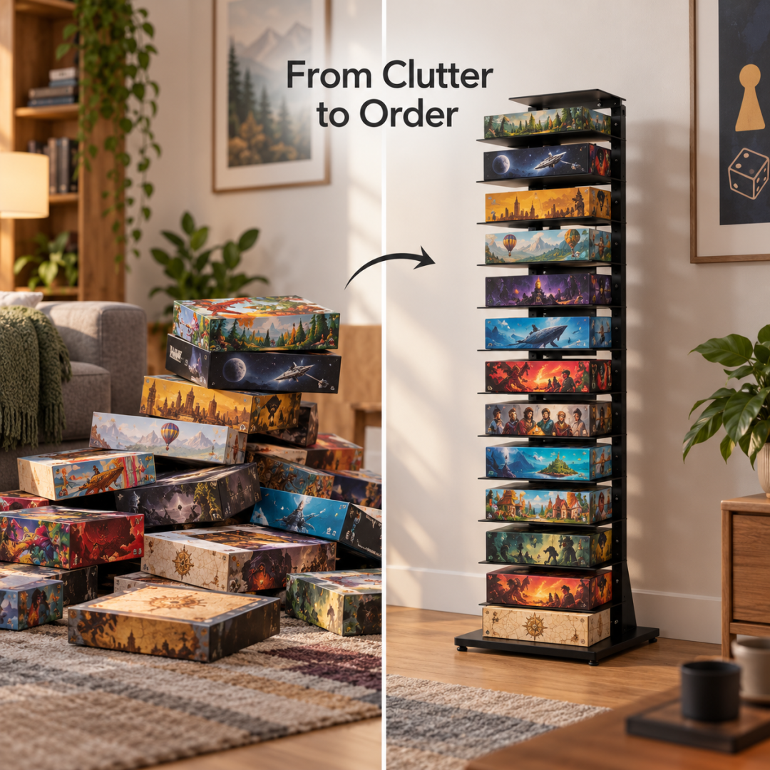 Board game boxes transformed from a floor pile into an organized vertical storage tower
