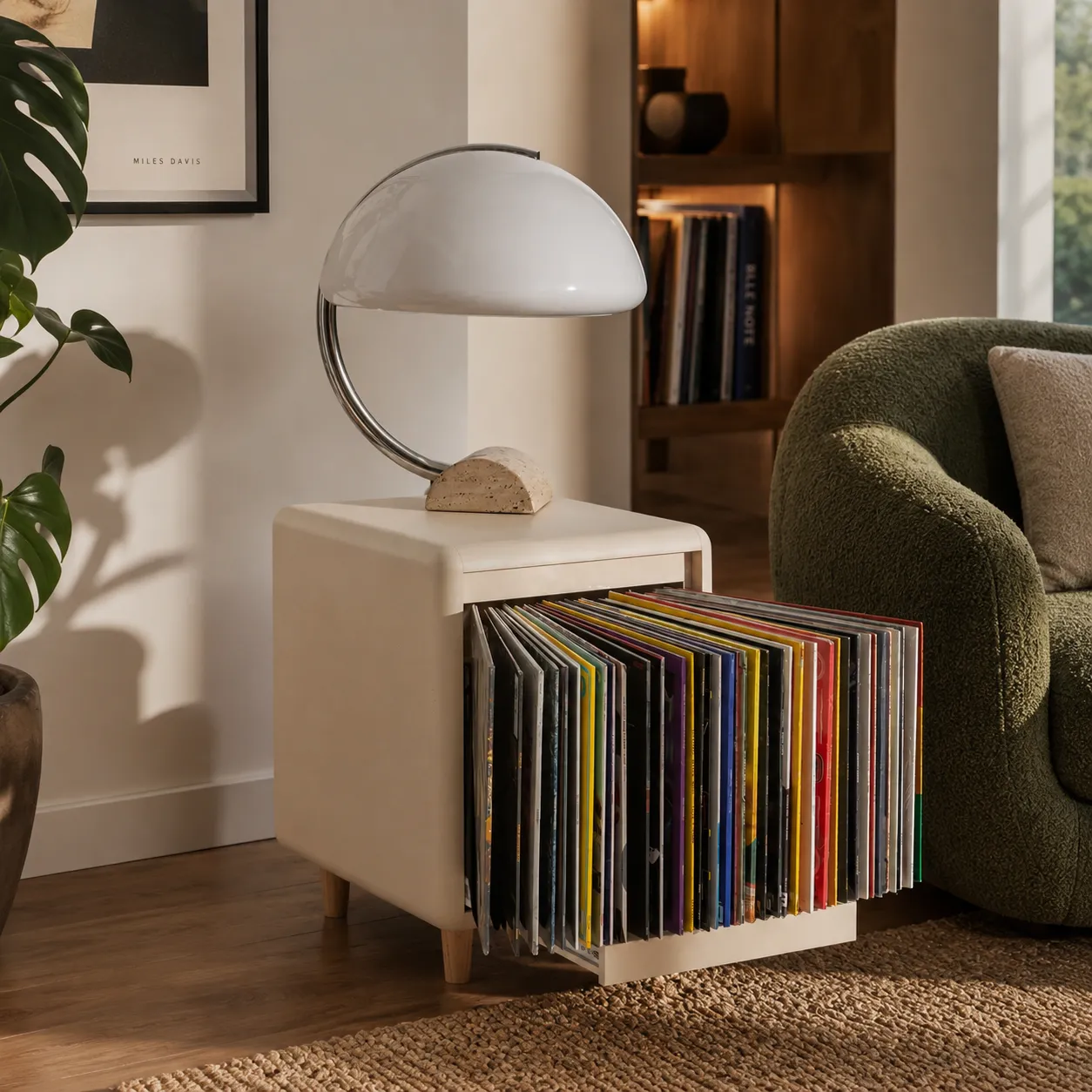 Vinyl storage cabinet used beside a lounge chair and lamp