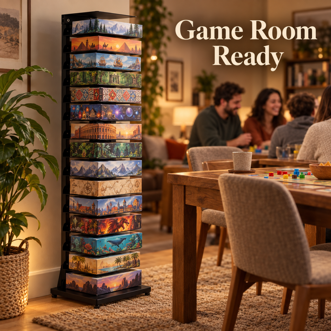 Tall board game storage tower beside a game table in a warm game room