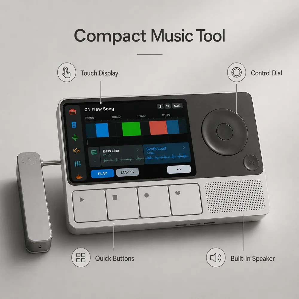 Pocket wireless guitar studio with touchscreen, control dial, quick buttons and built-in speaker