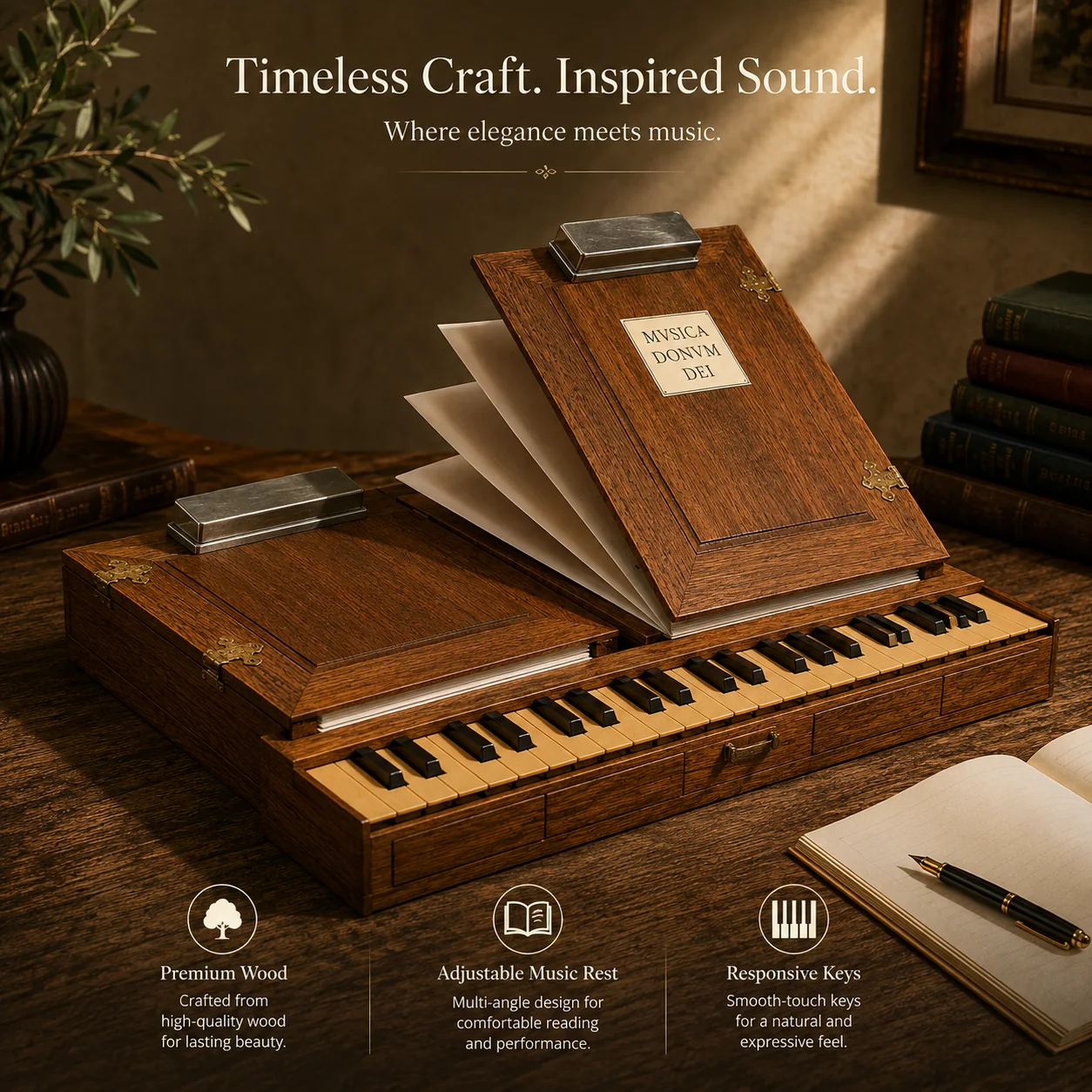Bible Regal Organ opened on a wooden table with keyboard, book-style bellows covers and music rest