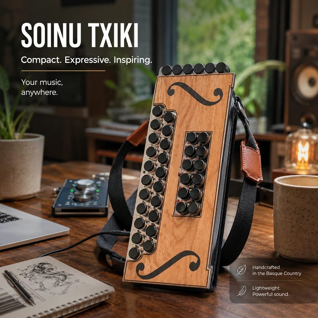Portable electronic MIDI accordion on a desk