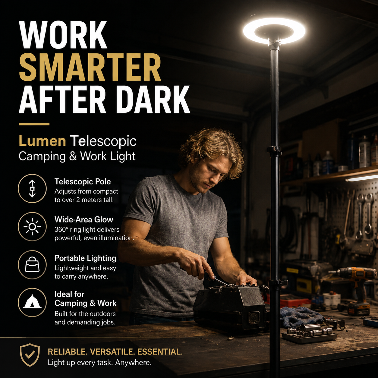 Telescopic camping and work light used in a workshop