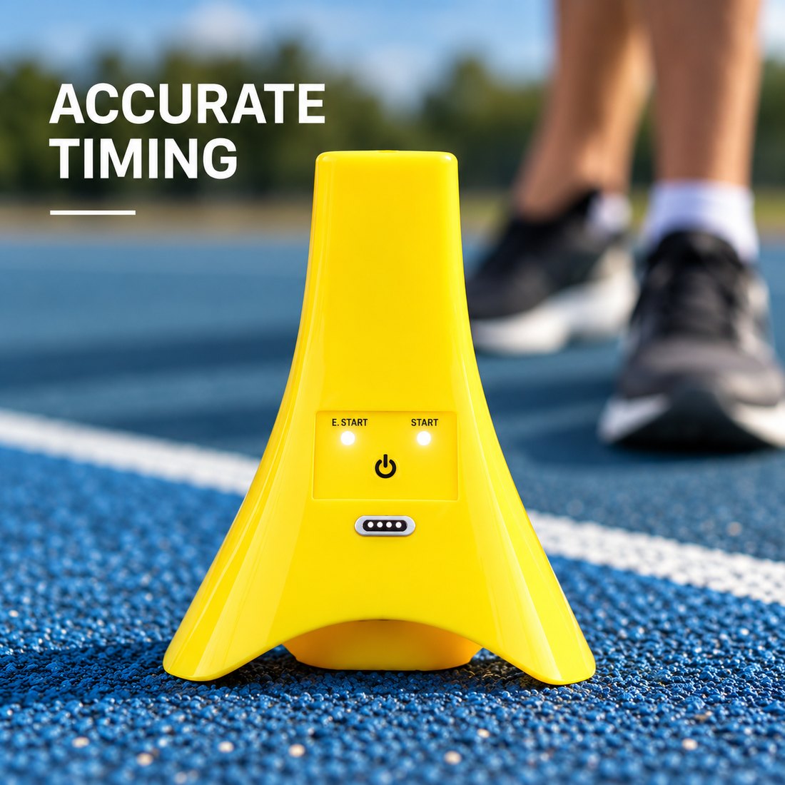 Wireless sprint timing transmitter positioned on a running track