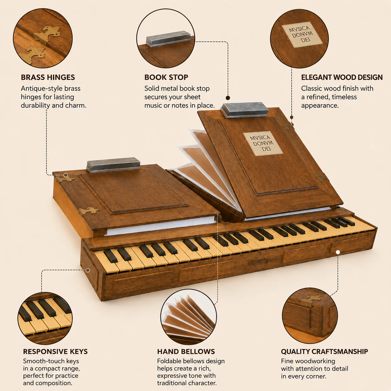 Bible Regal Organ detail view showing brass hinges, metal book stop, wooden construction, keyboard and folding bellows