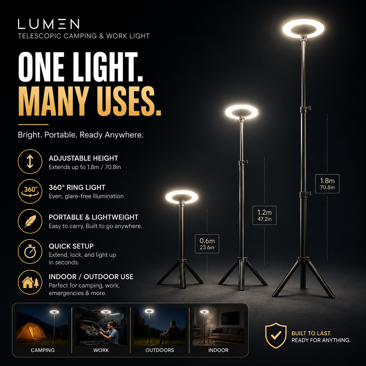 Telescopic camping and work light shown at multiple heights and use scenarios