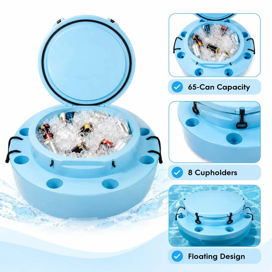 Floating beverage bar feature overview showing can capacity, cupholders and floating design