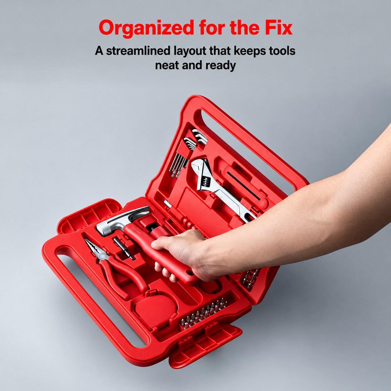 Open red tool case with the 40-piece tool set organized in dedicated positions