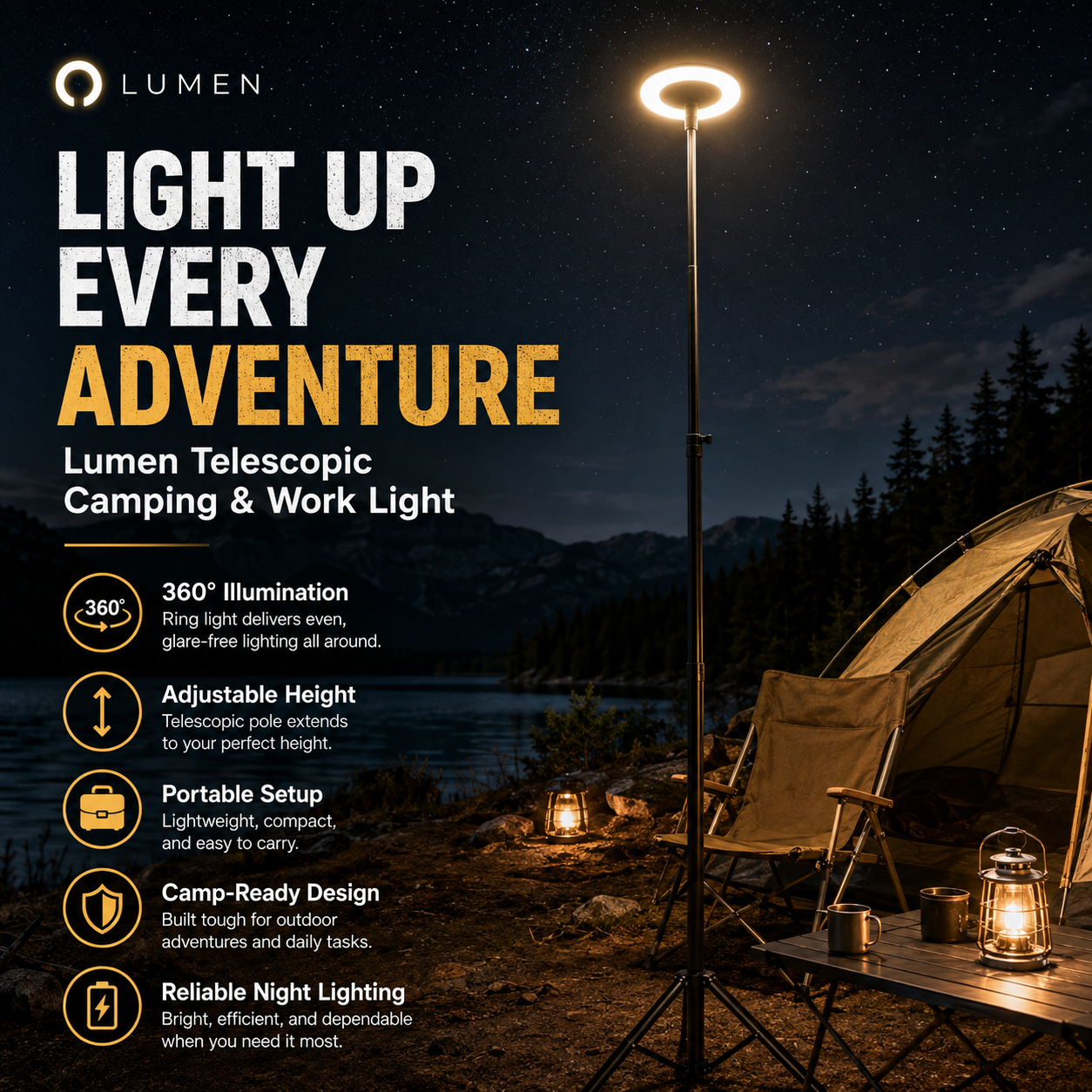 Telescopic camping and work light illuminating a campsite at night