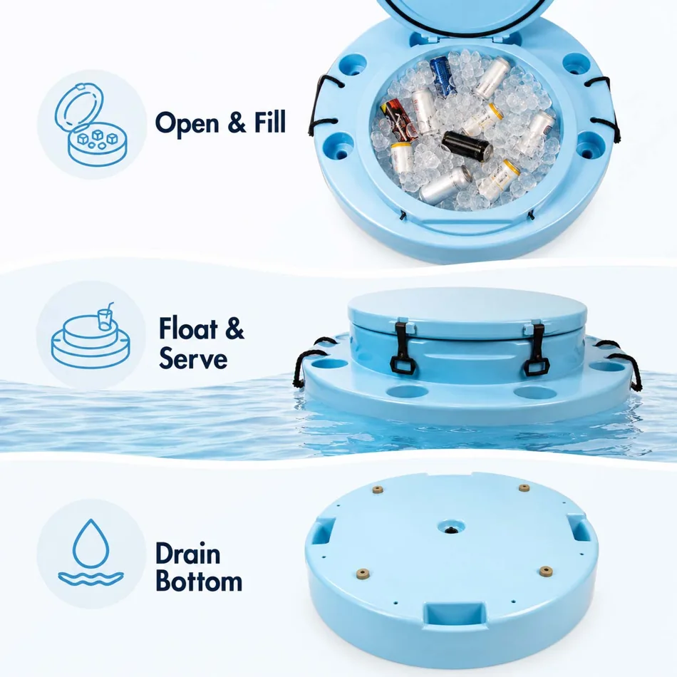 How to use floating beverage bar: open and fill, float and serve, drain bottom