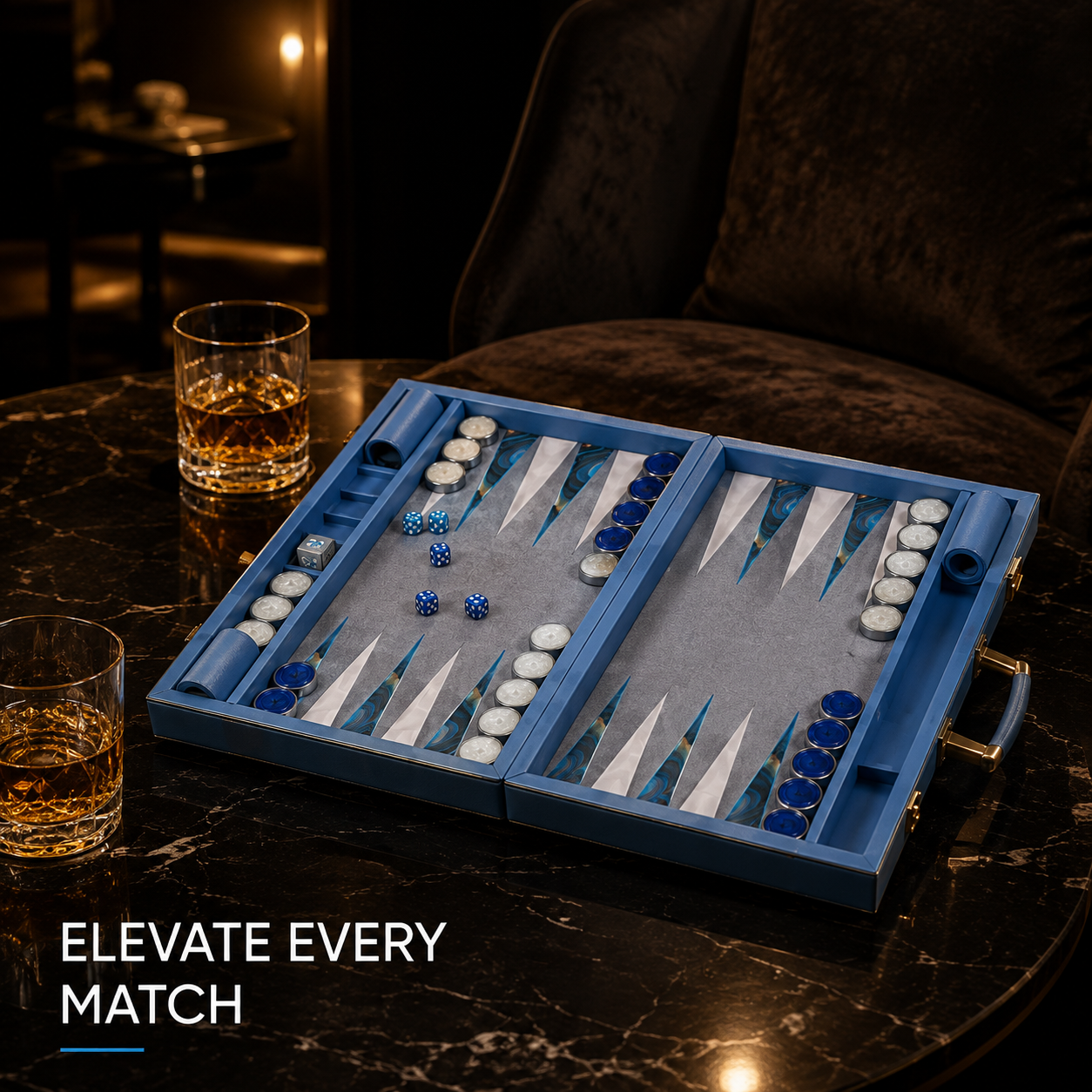 Blue premium tournament backgammon set lifestyle scene
