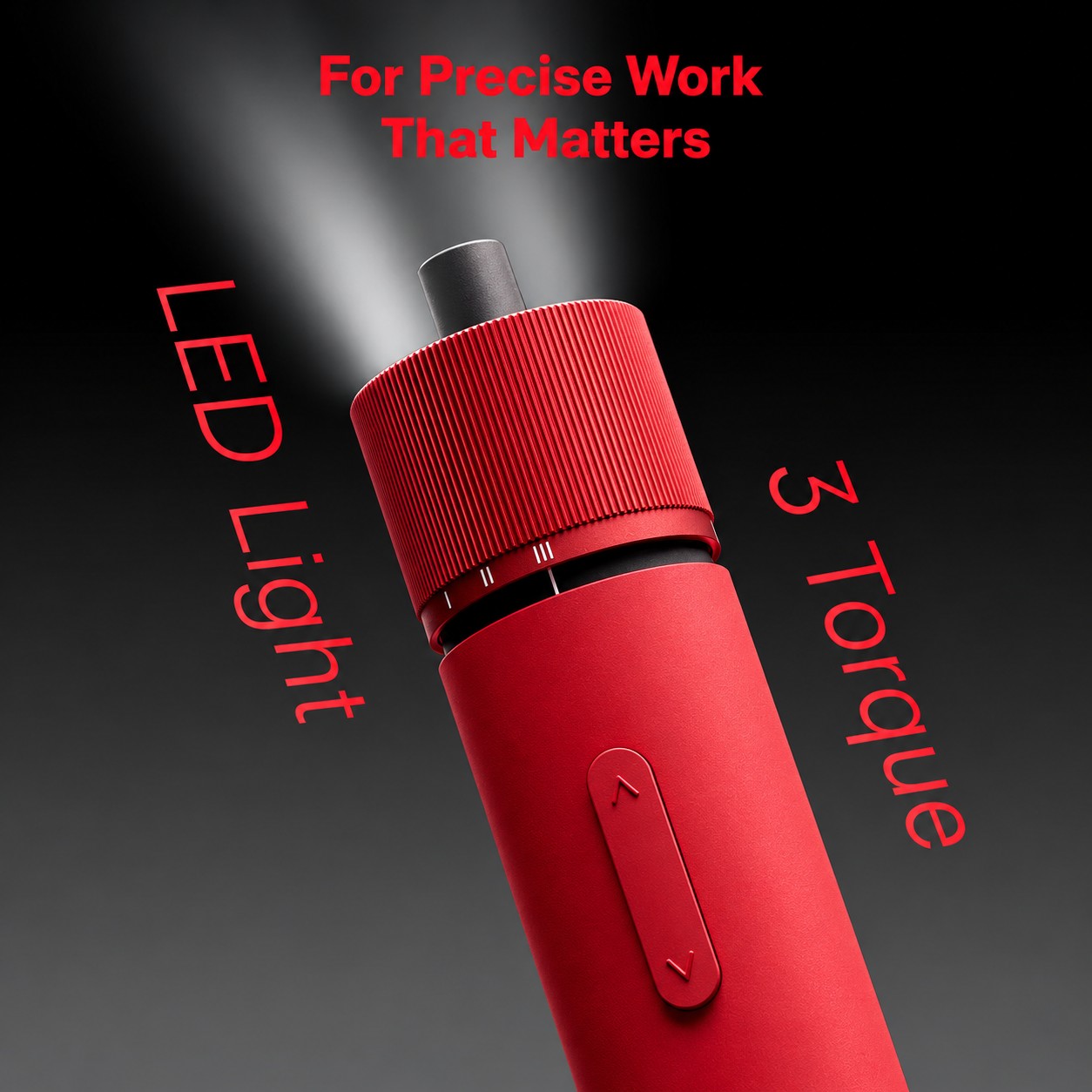 Close-up of red electric screwdriver highlighting LED light and three torque settings